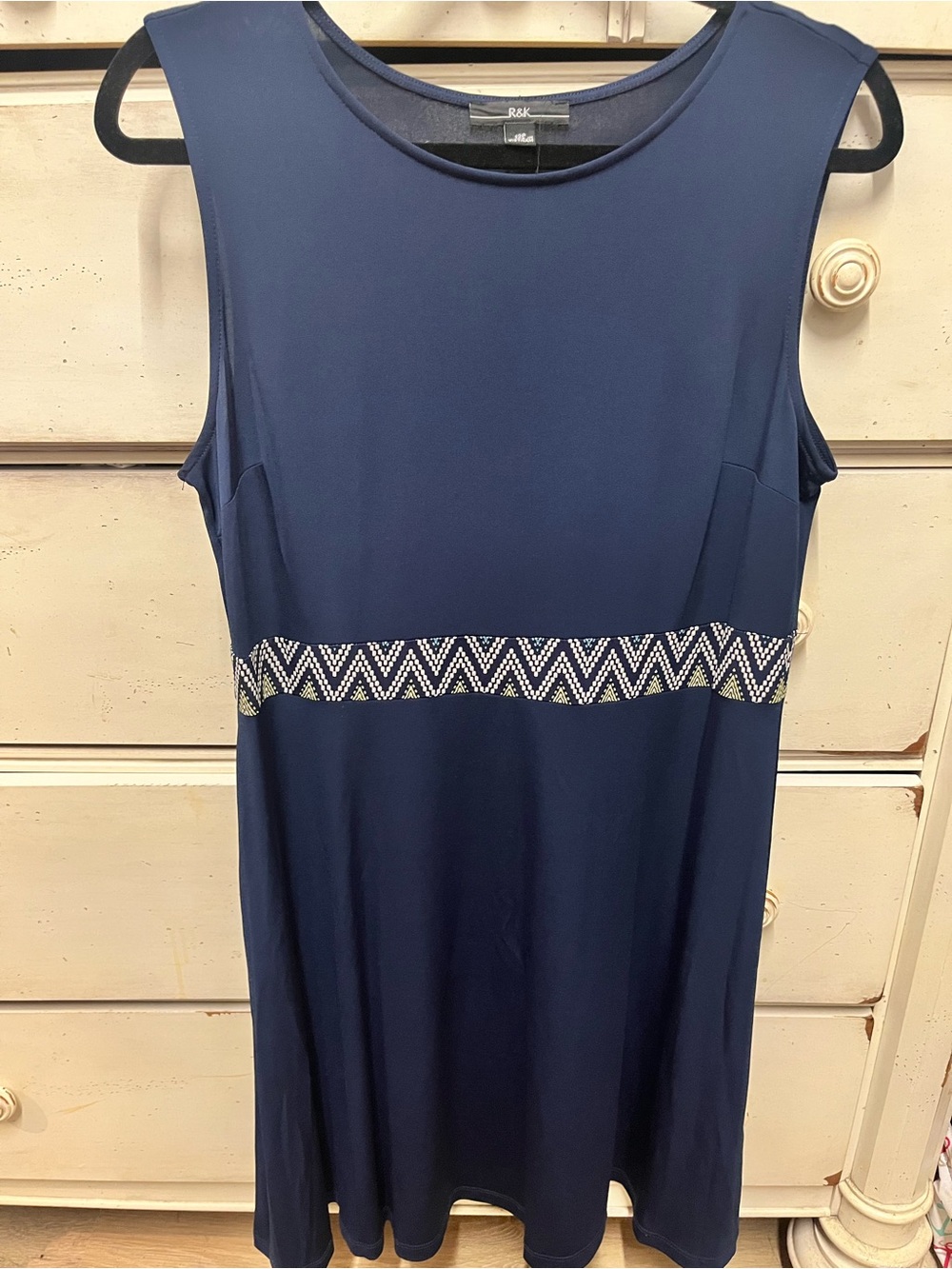 R&K Navy Sleeveless Dress with Beaded Chevron Waistband